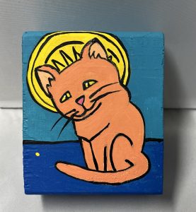 painting of an innocent cat looking at a dot