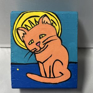painting of an innocent cat looking at a dot
