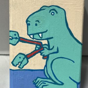 a painting of a t-rex with dino grabby hands