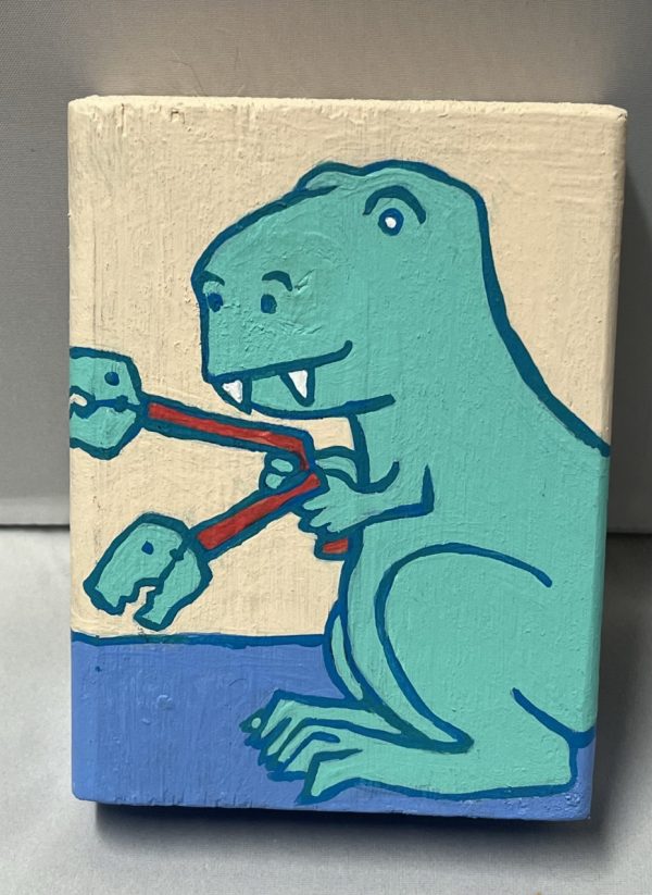 a painting of a t-rex with dino grabby hands