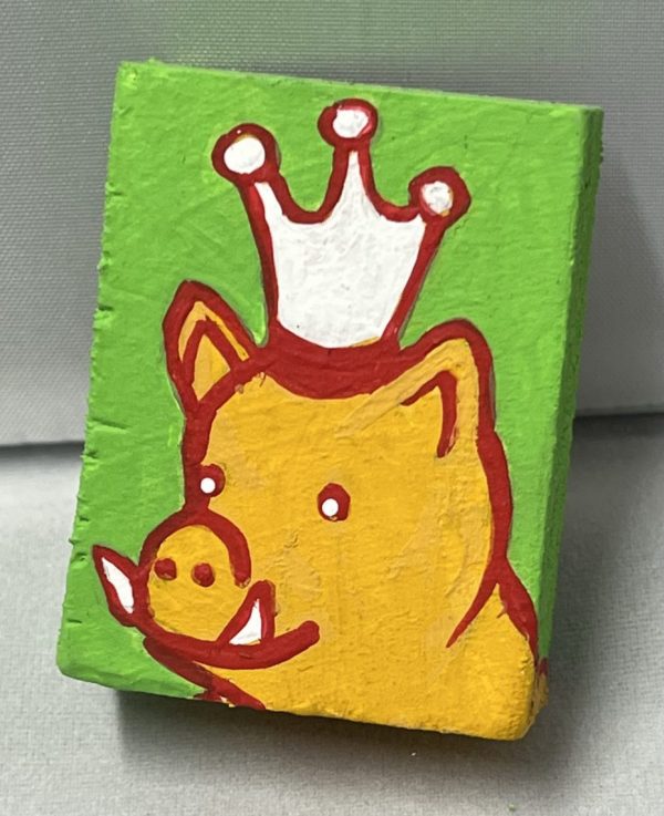 tiny painting of a crowned pig