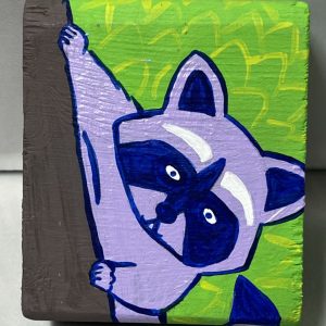 a painting of a raccoon playing peekaboo