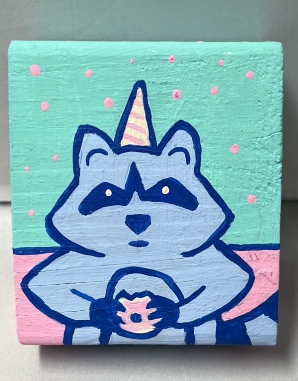 a painting of a raccoon in a hat eating a donut
