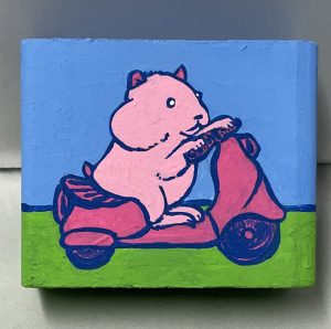 painting of a hamster on a moped scooter