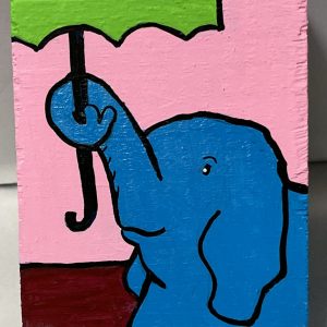 painting of a baby elephant holding an umbrella