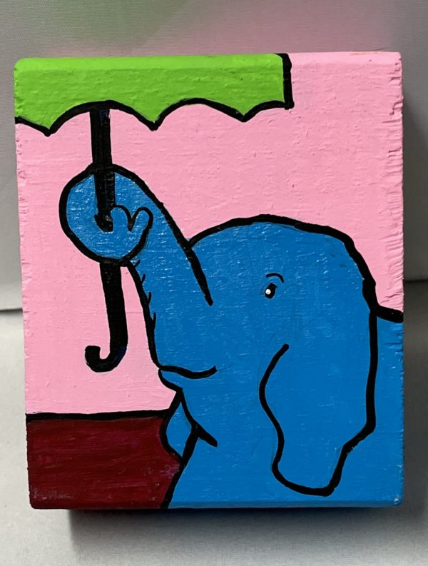 painting of a baby elephant holding an umbrella