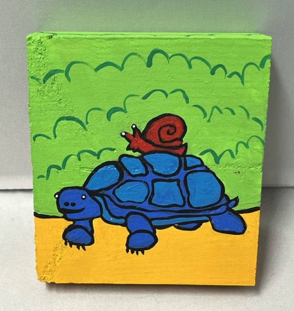 painting of a snail riding a turtle