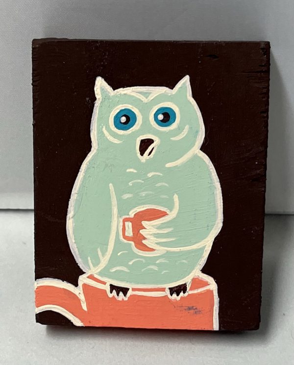 painting of an owl sitting on a tea cup