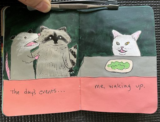 A painted double page showing a raccoon and screaming opossum confronting a seated white cate who is indifferent.