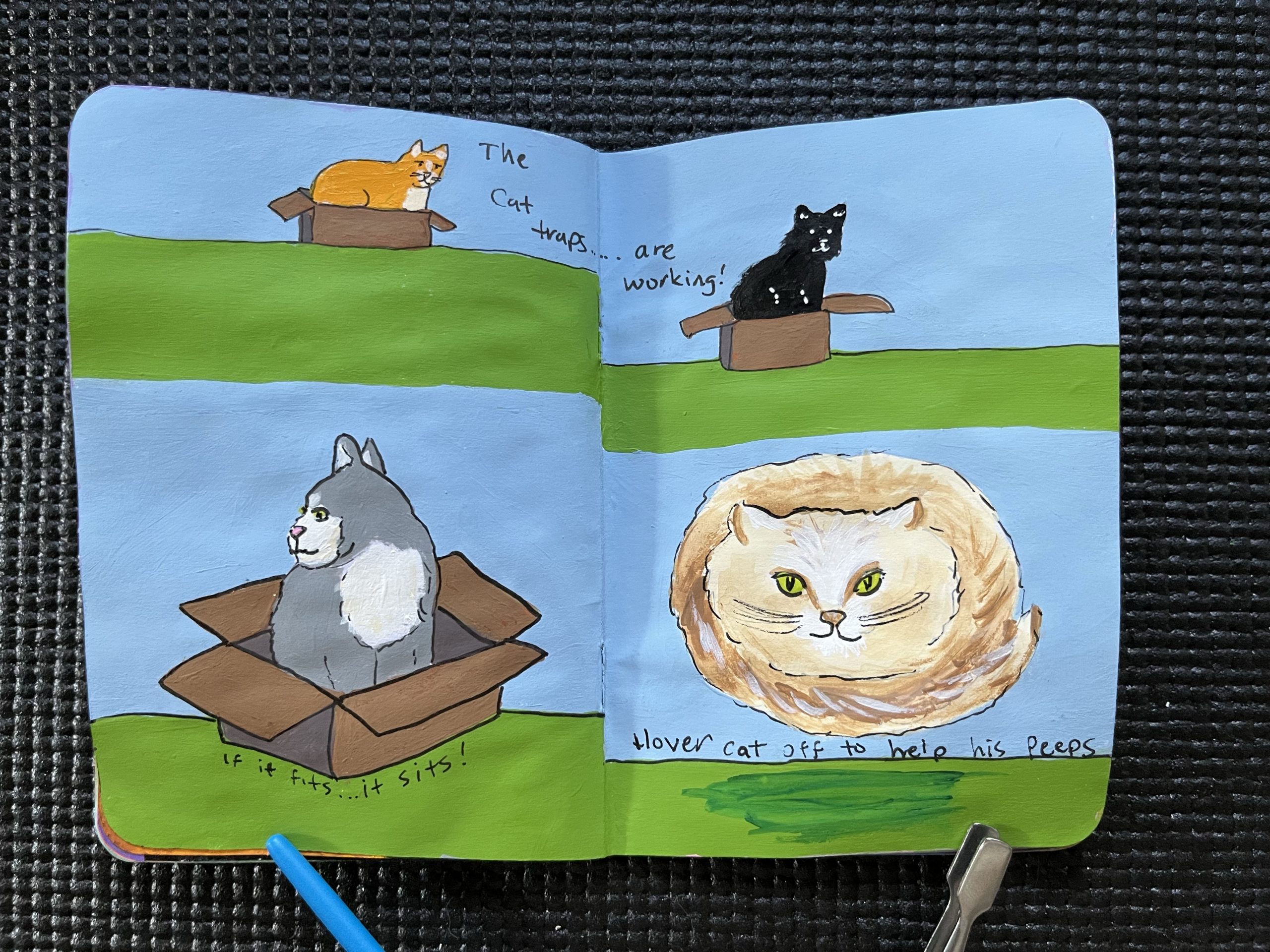 a double painted page with cat traps and hover cat memes