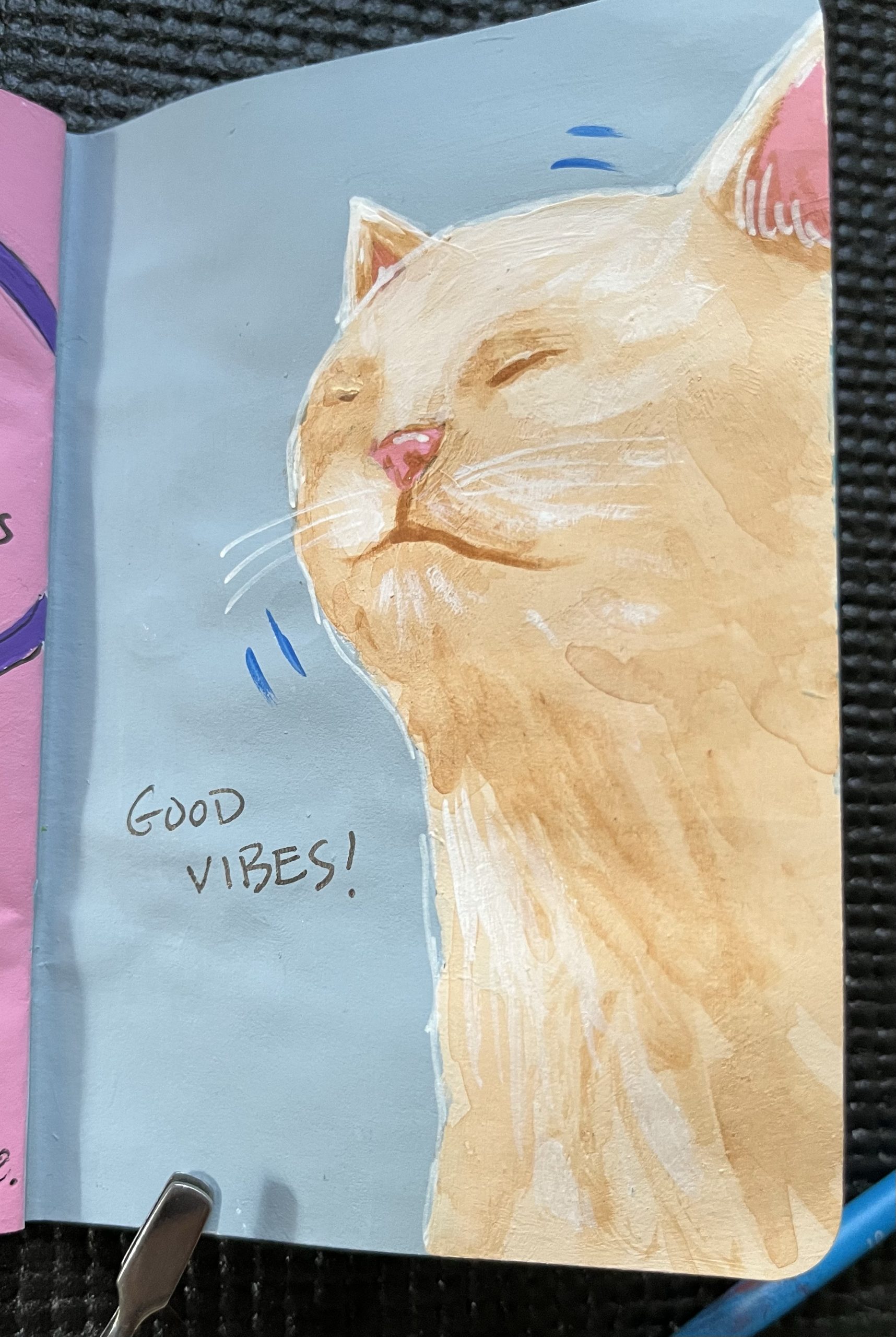 a painted page of a cat grooving out.