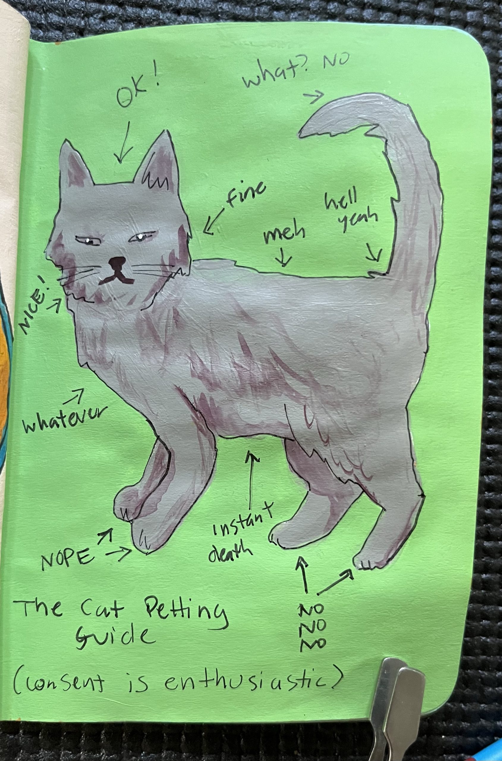 A painted grey cat demonstrates wear the good scratching places are.
