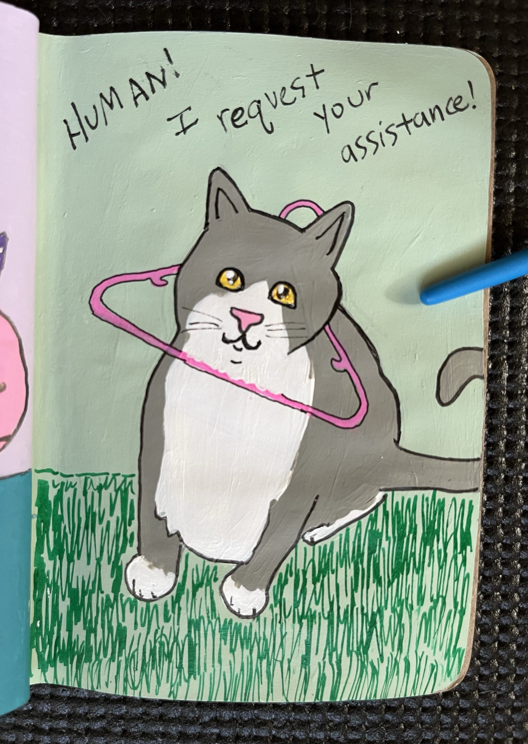 a painted page showing a cat caught in a hanger needing help meme