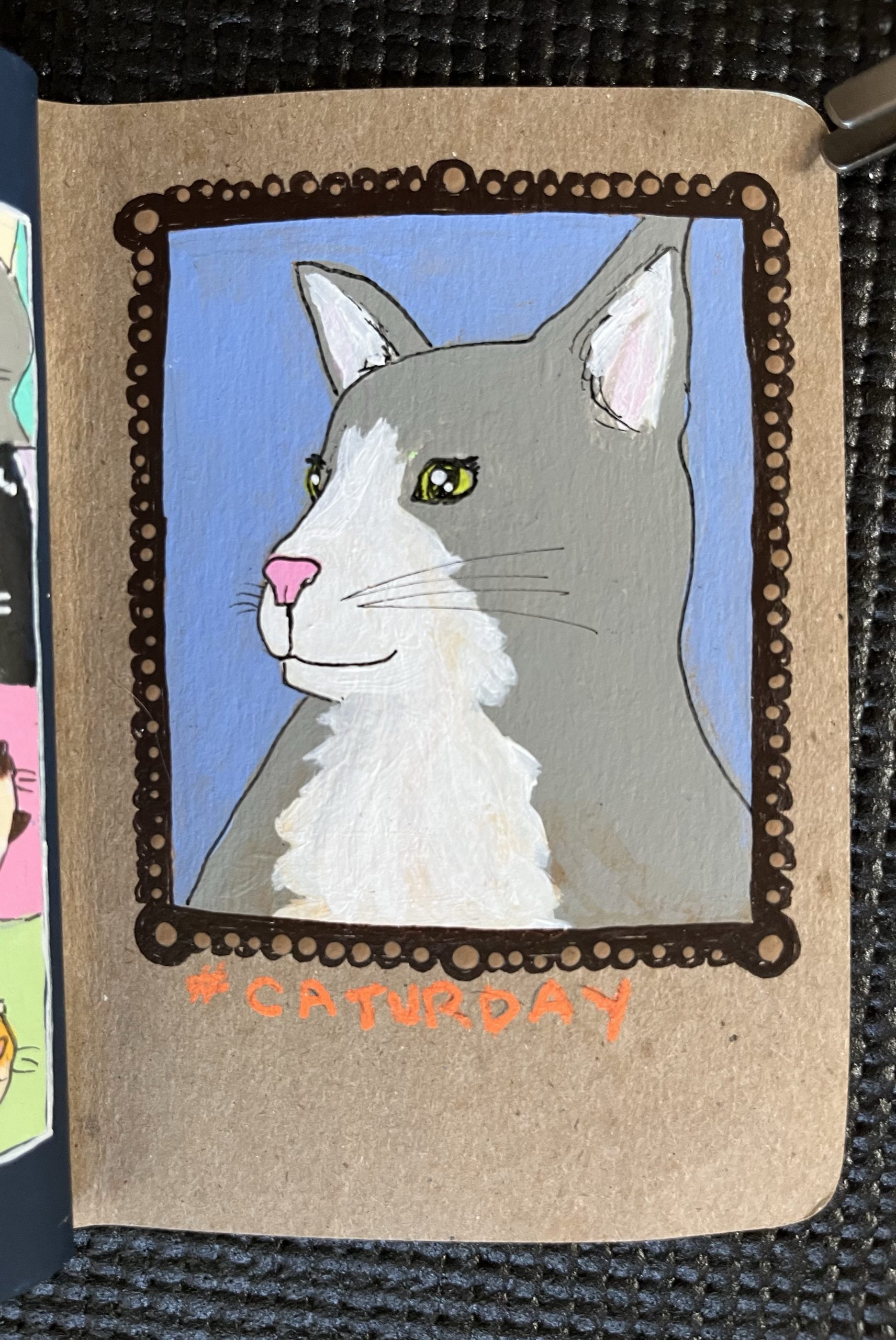 a painted portrait of a grey and white #caturday cat
