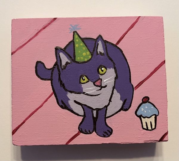 Painting of Pumpkin the cat in festive party color